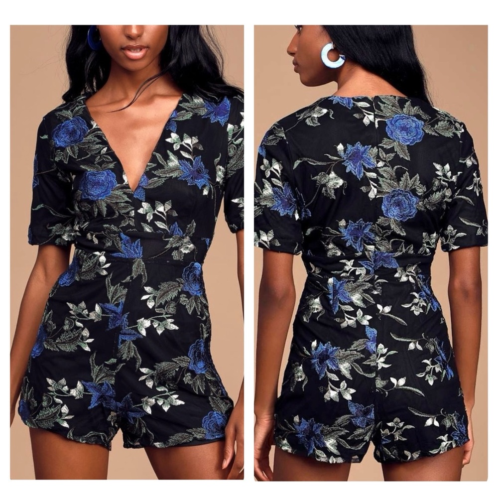 Lulus Midnight Rendezvous Black Floral Embroidered Romper